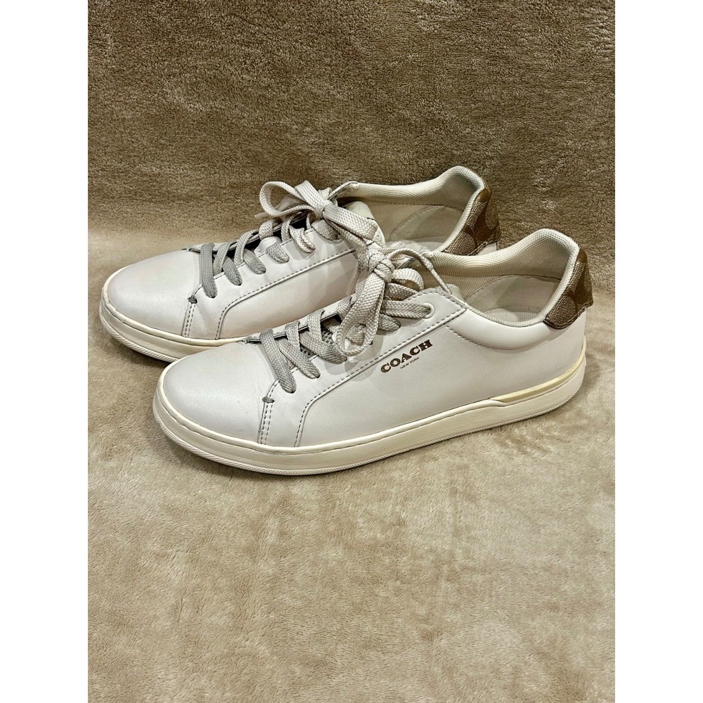 Coach Clip Low Top Leather Sneakers Chalk Khaki Womens Size 8.5 G4966